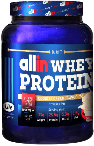 אבקת חלבון וואן וואי OneWhey | בטעם עוגיות | מכיל 759 גרם | אול-אין | ALLIN