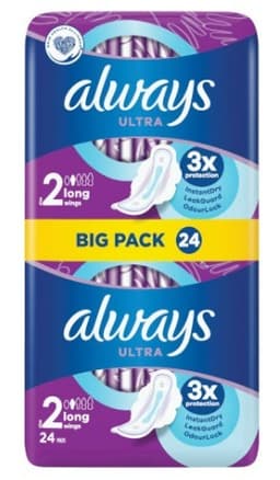 תחבושות אולטרא לונג עם כנפיים | 24 פדים | רמת ספיגה 2 | Ultra Long with wings | אולוויז | always