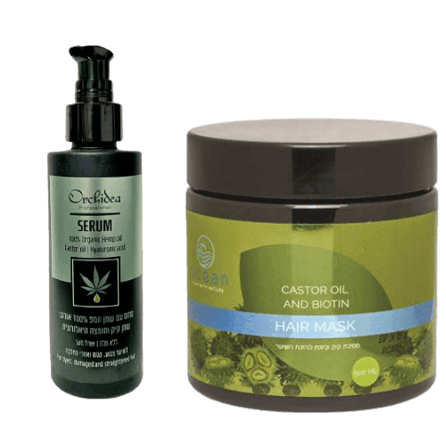 מארז שמן קיק מסכת שיער | מסכת שמן קיק וביוטין להזנת השיער | מכיל 500 מל | סרום בתוספת שמן המפ שמן קיק וחומצה היאלורונית | לשיער צבוע פגום ואחרי החלקה | מכיל 100 מל |