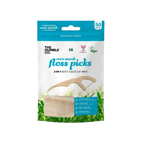 קיסם וחוט דנטלי | עם ידית מתכלה | בטעם מנטה עדין | מכיל 50 יחידות | Humble Brush