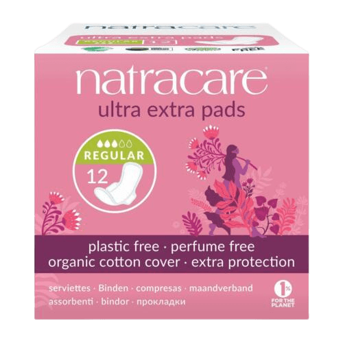 תחבושות אולטרה אקסטרה | ספיגה מוגברת | רגולר | מכיל 12 יחידות | אורגני | ללא פלסטיק