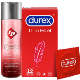 מארז | ID Sensation | חומר סיכוך מתחמם | מכיל 130 מל | קונדומים דורקס | 12 יחידות | Thin Feel דורקס | Durex