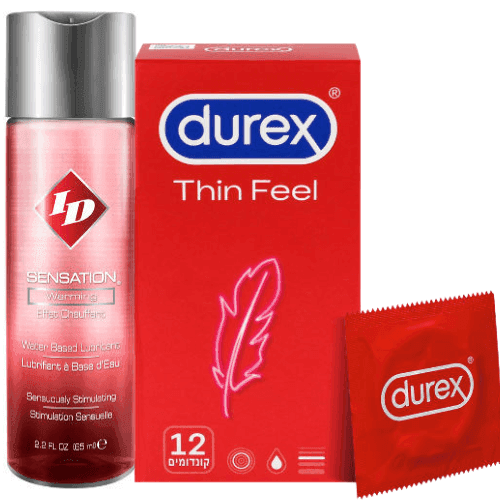 מארז | ID Sensation | חומר סיכוך מתחמם | מכיל 130 מל | קונדומים דורקס | 12 יחידות | Thin Feel דורקס | Durex