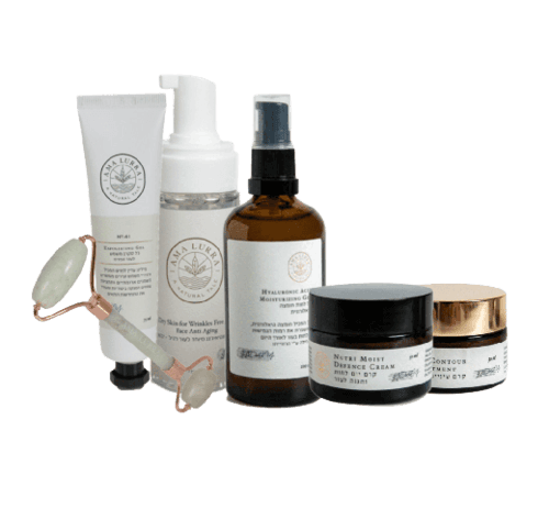 חבילת הטיפוח המושלמת | סבון מוס | פילינג סקראב משמש | קרם יום לחות והגנה | קרם עיניים קליל | גל ליחוח חומצה היאלרונית | גלגלת גייד | לעיסוי והמרצת העור אמה לורה | Ama lurra