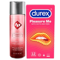 מארז | ID Sensation | חומר סיכוך מתחמם | מכיל 130 מ"ל | קונדומים דורקס | 12 יחידות | Pleasure Me דורקס | Durex