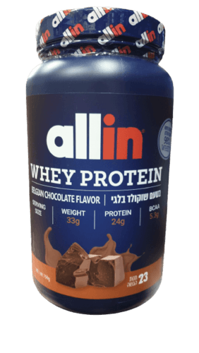 אבקת חלבון אול אין | Allin Whey Protein | בטעם שוקולד בלגי | מכיל 759 גרם אול-אין | ALLIN