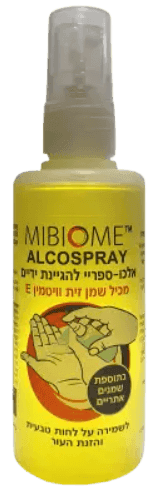 MIBIOME ALCOSPRAY | אלכו-ספריי לידיים | בתוספת שמנים אתריים | מכיל שמן זית | ויטמין E | מכיל 100 מל