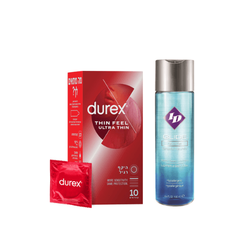 מארז מבצע - גל סיכוך Glide ID על בסיס מים המכיל 130 מל קונדומים דורקס Thin Feel Ultra Thin המכילים 10 יחידות דורקס | Durex