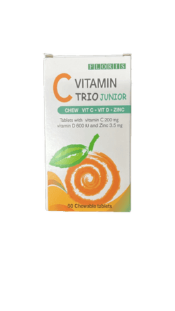 ויטמין C | טריו צעירים | מכיל בנוסף ויטימין D ואבץ | מכיל 60 טלביות ללעיסה | פלוריש הדס | Floris Hadas