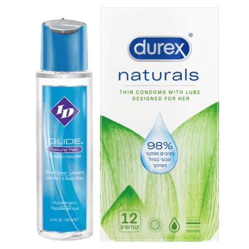 מארז - | גל סיכוך על בסיס מים Glide ID מכיל 130 מל | | קונדומים דורקס 12 יחידות | דורקס | Durex