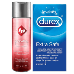 מארז | ID Sensation | חומר סיכוך מתחמם | מכיל 130 מ"ל | קונדומים דורקס | 12 יחידות | Extra Safe דורקס | Durex