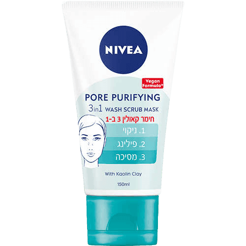 חימר קאולין | ניקוי פילינג ומסיכה 3 ב1 | מכיל 150 מל | Pore Purifying | Wash Scrub Mask | ניוואה | NIVEA