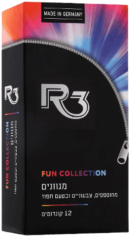 R3 | קונדומים מגוונים | מחוספסים | צבעוניים | בטעם תפוז | 12יחידות
