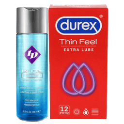 מבצע גל סיכוך על בסיס מים Glide ID המכיל 65 מל 10 קונדומים דורקס Thin Feel Extra Lube דורקס | Durex