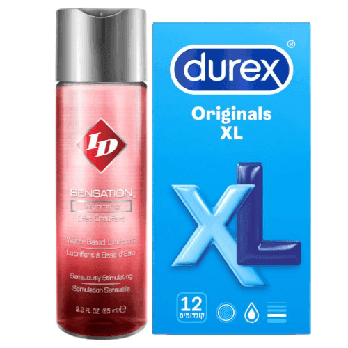 מארז | ID Sensation | חומר סיכוך מתחמם | מכיל 130 מל | קונדומים דורקס | 12 יחידות | Originals XL דורקס | Durex