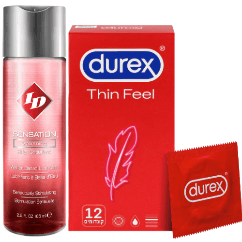 מארז | ID Sensation | חומר סיכוך מתחמם | מכיל 130 מל | קונדומים דורקס | 12 יחידות | Thin Feel Extra Lube דורקס | Durex
