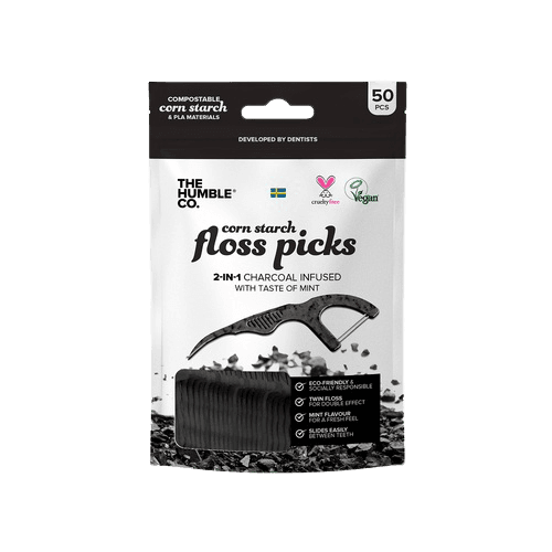 קיסם וחוט דנטלי | עם ידית מתכלה | בתוספת פחם | 50 יחידות | Humble Brush