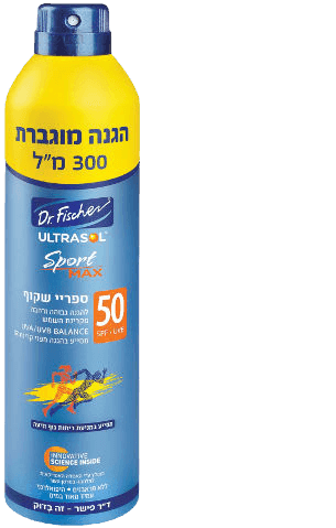 אולטרסול | ספריי שקוף | הגנה מהשמש | SPORT MAX | SPF 50 | ספריי רציף תחליבי | 300 מל | דר פישר | Dr Fischer