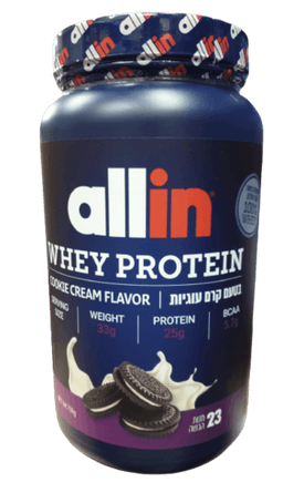 אבקת חלבון אול אין | Allin Whey Protein | פאוץ 759 גרם | בטעם קרם עוגיות אול-אין | ALLIN
