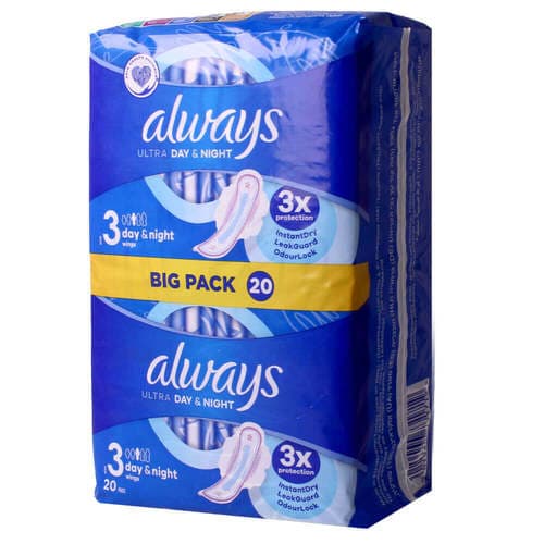 תחבושות אולטרא דיינייט | 20 פדים | רמת ספיגה 3 | ULTRA DAY NIGHT | עם כנפיים | אולוויז | always