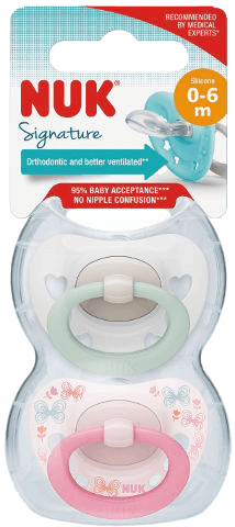 זוג מוצצי נוק סיגנטור NUK Signature | סיליקון 0-6 חודשים | ורוד ירוק בייבי | נוק | NUK