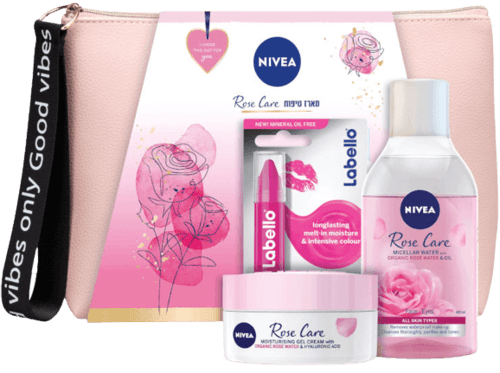 מארז טיפוח ROSE CARE | תיק איפור קרם יום מים מיסלריים שפתון לבלו | ניוואה | NIVEA