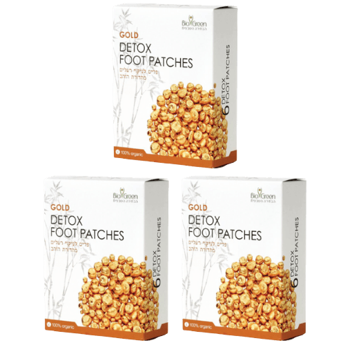 מארז שלישיה | גולד דיטוקס פווט פאטצס | Gold DETOX FOOT PATCHES | פדים לניקוי רעלים | מהדורת הזהב | 100 אורגני | מכיל תערובת של צמחים ביו גרין | Bio Green