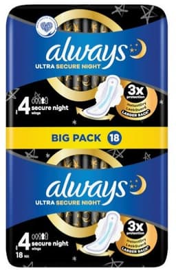 תחבושות אולטרה עם כנפיים לילה בטוח | 18 פדים | רמת ספיגה 4 | אולוויז | always