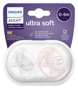 זוג מוצצי סיליקון אבנט אולטרה סופט avent ultra soft | לגילאים 0-6 חודשים | ורוד - לבן | פיליפס | PHILIPS