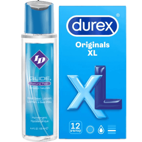 גל סיכוך על בסיס מים Glide ID | מבית גלייד | 130 מל | קונדומים דורקס | 12 יחידות | Original XL דורקס | Durex