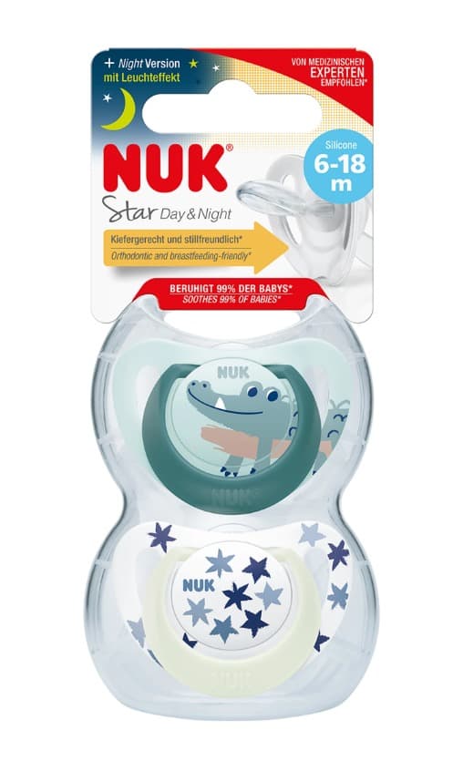 זוג מוצצי סטאר דיינייט NUK Star DayNight | סיליקון 6-18 חודשים | עם אפקט זוהר בחושך |