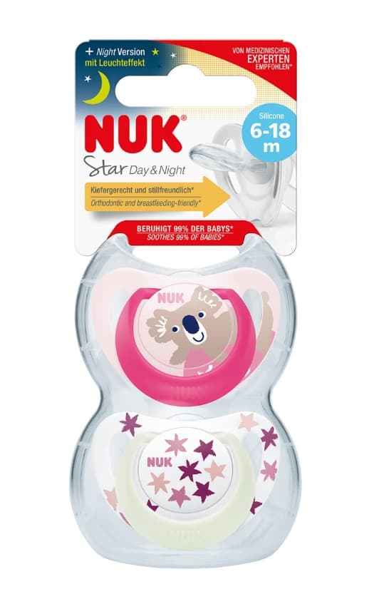 זוג מוצצי סטאר דיינייט NUK Star DayNight | סיליקון 6-18 חודשים | עם אפקט זוהר בחושך |