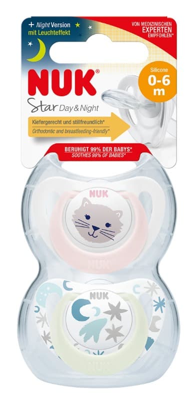 זוג מוצצי סטאר דיינייט-NUK Star DayNight | סיליקון 0-6 חודשים | עם אפקט זוהר בחושך | ורוד לבן