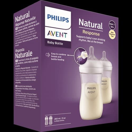 2 בקבוקי האכלה עם פטמת התגובה הטבעית | ללא BPA וחומרים מסוכנים אחרים | בקבוק מכיל 260 מל פיליפס | PHILIPS