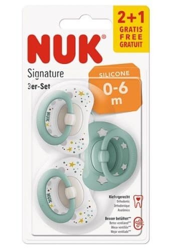שלישיית מוצצי נוק סיגנטור NUK Signature | סיליקון 0-6 חודשים | טורקיז לבן |