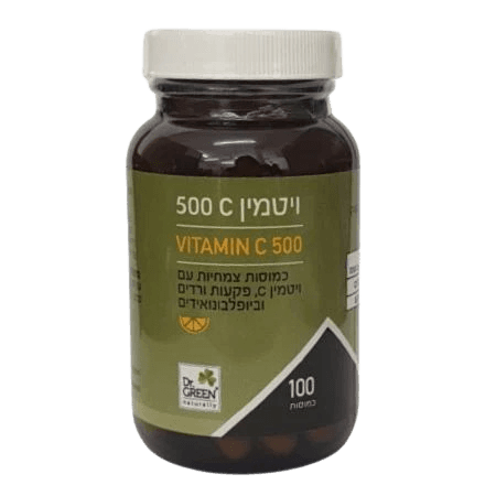 ויטמין C | במינון 500 | מכיל 100 כמוסות | פקעות ורדים וביופלבונואידים | תוסף תזונה | כשר פרווה | דר גרין | Dr Green