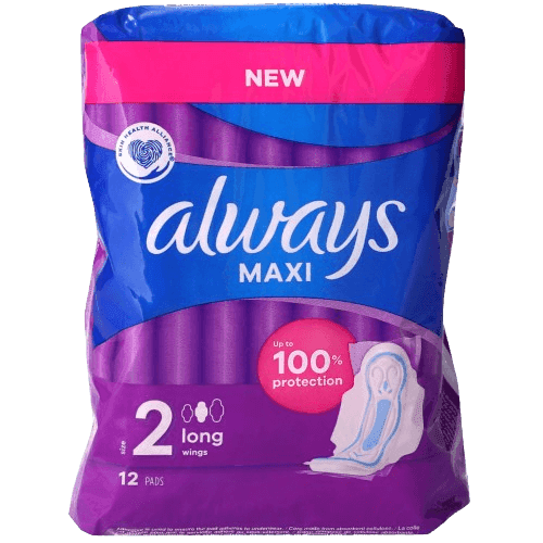 תחבושות היגייניות ארוכות עם כנפיים אלוויז מקסי | רמת ספיגה 2 | מכיל 12 תחבושות | always MAXI | אולוויז | always