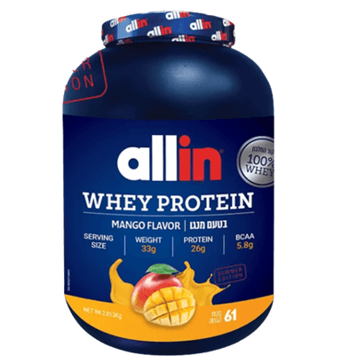אבקת חלבון ALL IN WHEY | בטעם מנגו | 61 מנות הגשה | 2.013 ק"ג | אול-אין | ALLIN אולאין | All In - all in - אבקות חלבון