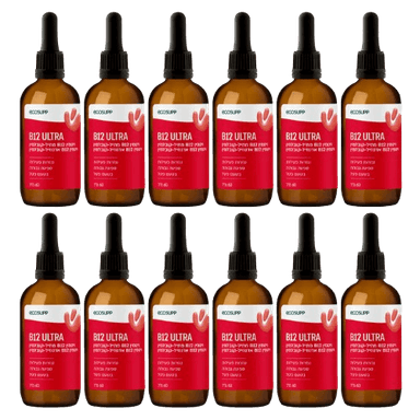 B12 ULTRA | ויטמין B12 מתיל-קובלמין ויטמין B12 אדנוזיל-קובלמין | בעל נגזרות פעילות וספיגה גבוהה | בטעם פטל | מכיל 60 מל | מבצע שני עשר |