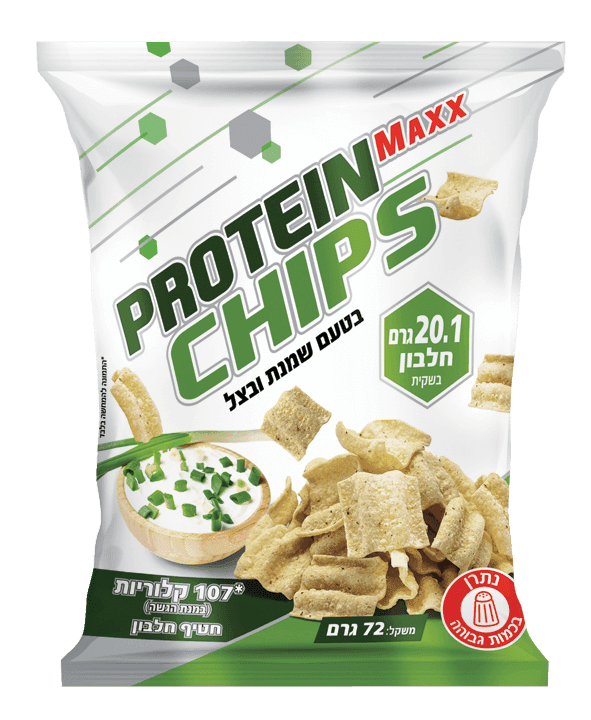 ציפס חלבון פרוטאין מקס | בטעם שמנת בצל | 72 גרם | מארז 12 חטיפים - PROTEIN MAXX CHIPS