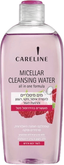 מי פנים מיסילייים | להסרת איפור | לעור יבש ורגיש | מועשרים בהידרוסול פטל | 400 מל | CARELINE