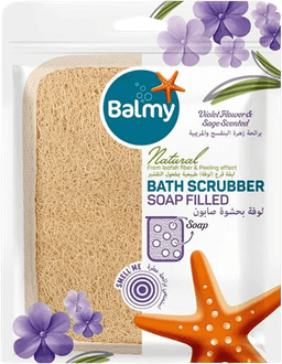 ליפה לרחצה | סקראבר רחצה | ממולא בסבון | נגד תאי עור מתים | בעל ניחוח פרחי סיגלית ומרווה | Balmy | Violet Flower Sage Scented |