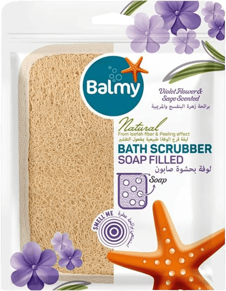 ליפה לרחצה | סקראבר רחצה | ממולא בסבון | נגד תאי עור מתים | בעל ניחוח פרחי סיגלית ומרווה | Balmy | Violet Flower Sage Scented |