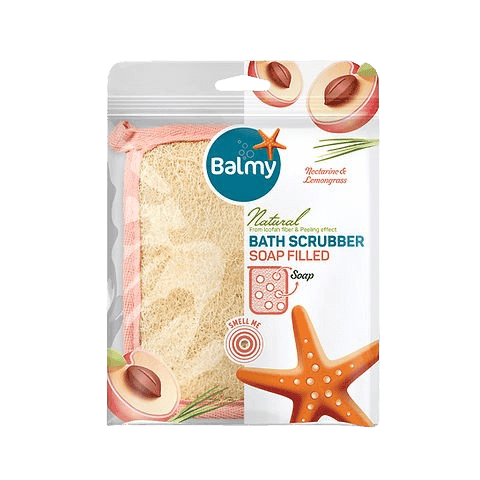 ליפה לרחצה | סקראבר רחצה | ממולא בסבון | נגד תאי עור מתים | בעל ניחוח נקטרינה ולימון גראס | Balmy | Nectarine Lemon Grass |