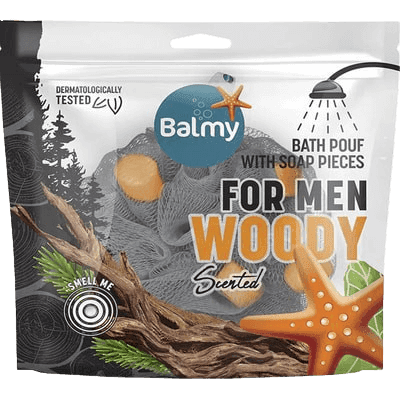 ליפה עם חתיכות סבון | לופה רחצה לגברים ניחוח עצי | בלמי | Balmy | Bath Pouf with Soap Pieces | For Man | Woody