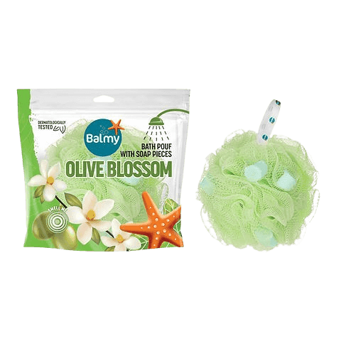 Balmy | ספוג רחצה עם סבון | פריחת זית | Balmy Olive Blossom Bath Pouf with Soap Pieces