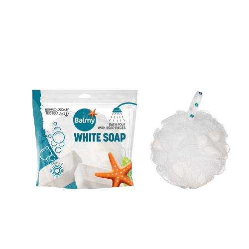 Balmy | ספוג רחצה עם סבון | סבון לבן | Balmy White Soap Bath Pouf with Soap Pieces