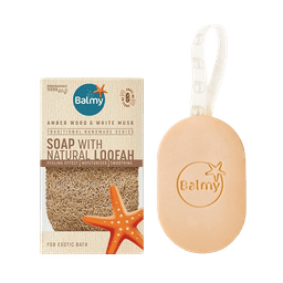 סבון עם ליפה טבעית | סדרת עבודת יד מסורתית | ענבר ועץ מוסק לבן | 125 גרם | Soap With Natural Loofah | Amber Wood White Musk | Balmy |