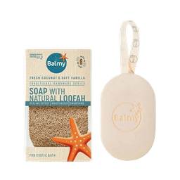 סבון עם לופה טבעית | סדרת עבודת יד מסורתית | קוקוס טרי ווניל רך | 125 גרם | Balmy | Soap With Natural Loofah | Fresh Coconut Soft Vanilla