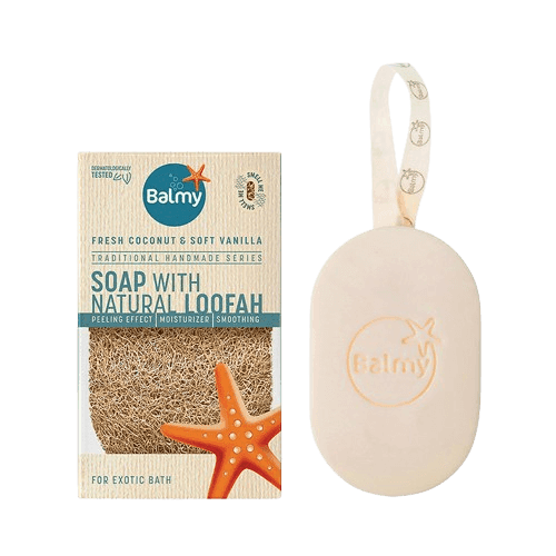 סבון עם לופה טבעית | סדרת עבודת יד מסורתית | קוקוס טרי ווניל רך | 125 גרם | Balmy | Soap With Natural Loofah | Fresh Coconut Soft Vanilla